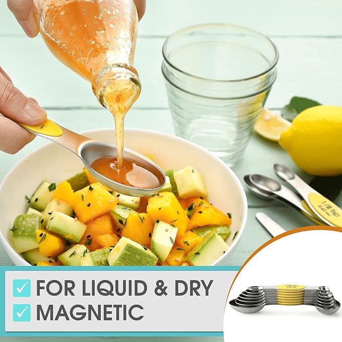 Spring Chef Stainless Steel Magnetic Measuring Spoons Set of 8, Yellow | Dual Sided Teaspoon & Tablespoon Measuring Spoons w/ Leveler for Dry & Liquid Ingredients, Measure Spoons for Baking, Cooking