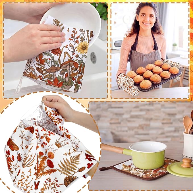Fourluoo 10 Pcs Fall Floral Kitchen Decor Set Towels Rugs Oven Mitts and Pot Holders Autumn Kitchen Accessories Set for Cooking Baking Grilling Housewarming Gift