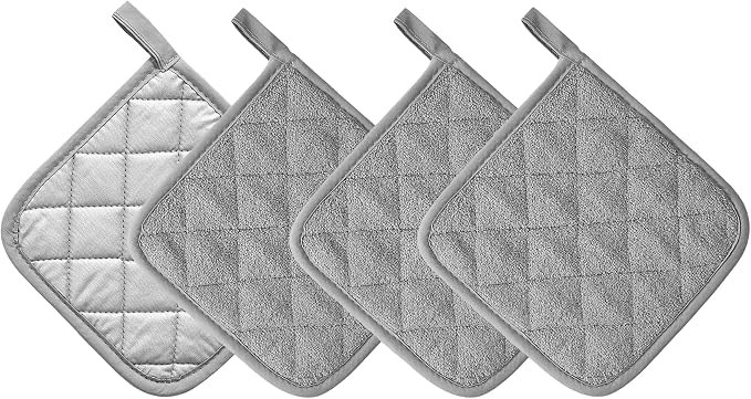 Kitchen Pot Holders Set Heat Resistant Pure Cotton Potholders Kit Trivets Large Coasters Hot Pads Terry Pot Holders for Everyday Cooking and Baking by 7 x 7 Inch Set of 4 Grey