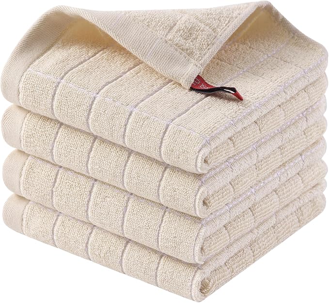 Homaxy 100% Cotton Terry Kitchen Dish Cloths, 4 Pack, Beige | Ultra Soft and Absorbent Dish Towels for Kitchen, Suitable for Drying and Washing Dishes