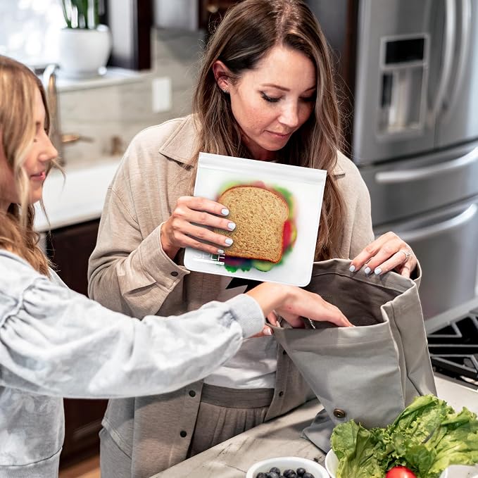 SPLF 12 Pack Dishwasher Safe Reusable Food Storage Bags, White | BPA Free Freezer Bags Leakproof Silicone and Plastic Free Lunch Bags Fridge Organization - 5 Sandwich 5 Snack 2 Gallon