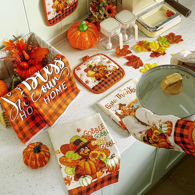 Fanfanwin 10 Pcs Fall Thanksgiving Turkey Kitchen Decor Set Kitchen Towels Pot Holders Oven Mitts and Rugs Set Thanksgiving Towels for Baking Cooking BBQ Autumn Home
