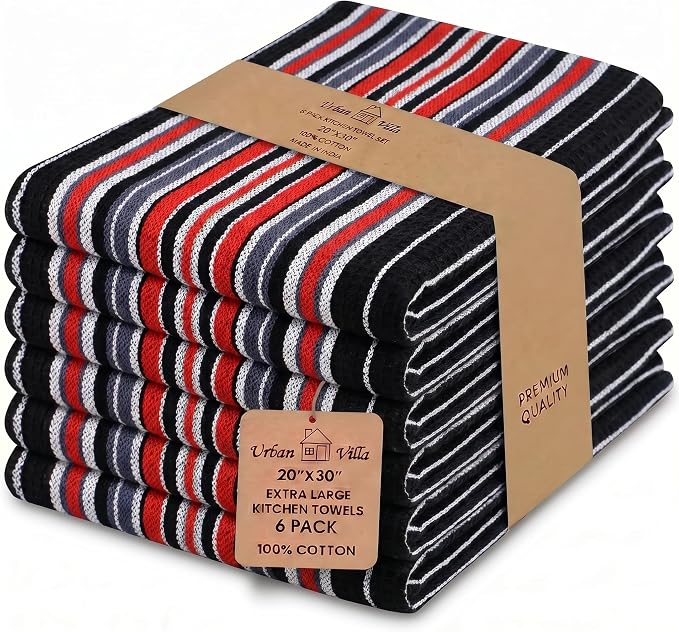Urban Villa Kitchen Towels Cotton Dish Towels 20”x30” (Set of 6) Black
