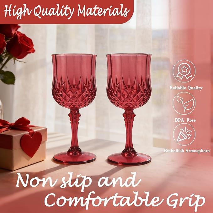 12Pack Plastic Wine Glasses, 7oz Vintage Goblets for Wedding | Unbreakable Crystal Style Reusable Stemware, Elegant Burgundy Drinking Glass for Party Anniversary & Holiday Celebration