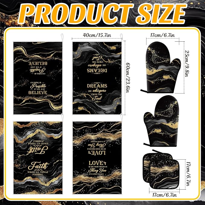 Leinuosen 8 Pcs Black and Gold Marble Kitchen Towels and Dishcloths Sets Oven Mitts and Pot Holders Absorbent Kitchen Gloves Potholders Heat Resistant for Chef Baking Cooking