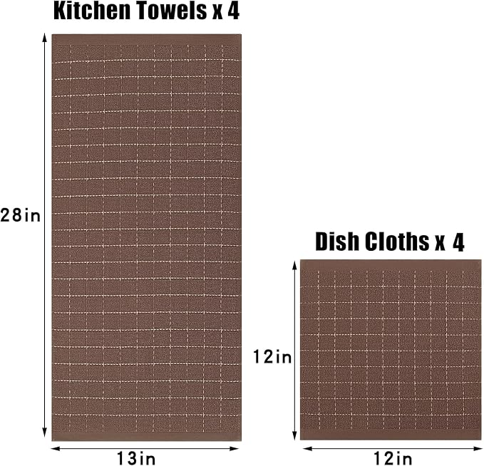 Homaxy Kitchen Towels and Dishcloths Set, Set of 8, Brown | Bulk Cotton Terry Kitchen Towels, Checkered Designed, Soft and Super Absorbent Dish Towels, 12 x 12 and 13 x 28 Inches