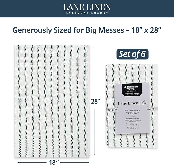 LANE LINEN Kitchen Towel Sets - 6 Pack Cotton Dish Towels for Drying Dishes, 18”x 28”, Hand Towel, Absorbent Tea Towels, Quick Drying Kitchen Towel Set - Christmas Green