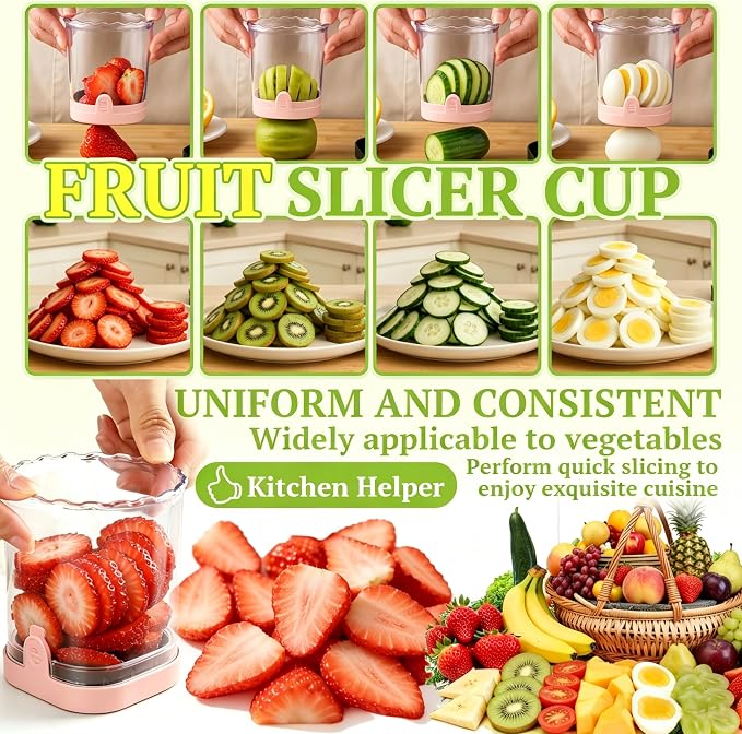 Hendiy Strawberry Slicer with Stainless Steel Blades | Egg & Fruit Slicer Cup for Banana, Cucumber, Mushroom | ABS Detachable Kitchen Gadget - Precision Berry Cutter Tool (1-Pack)