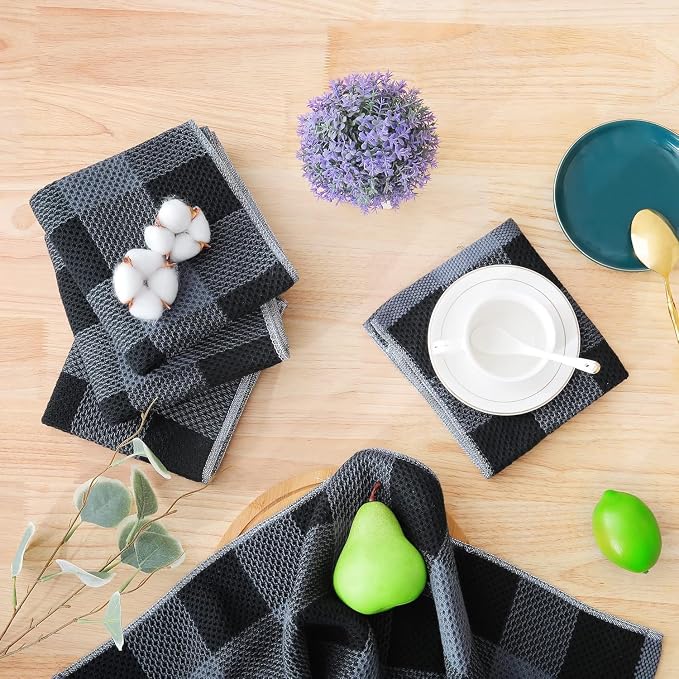 Homaxy Kitchen Towels and Dishcloths Set, Set of 10, Black & Grey | Bulk Cotton Waffle Weave Check Plaid Kitchen Towels, Super Soft and Absorbent Dish Cloths, 12 x 12 and 13 x 28 Inches