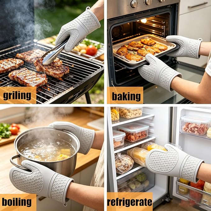 2-Pack Silicone Oven Mitts, 500°F Non-Slip Washable Heat Resistant Gloves, Grey