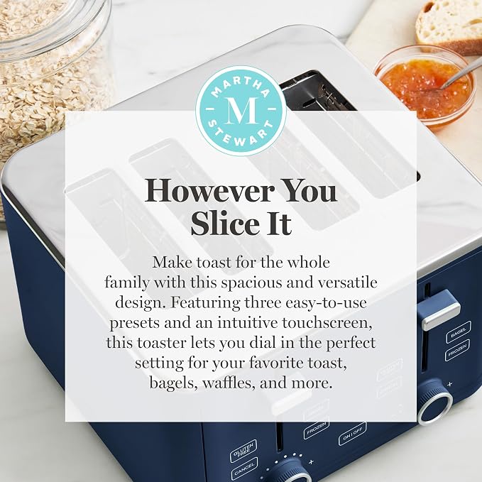 Martha Stewart 4-Slice Toaster, 3 Presets & 10 Shade Settings, Indigo Blue | Gluten-Free, Bagels, Extra-Wide Self Centering Slots, Waffles & Artisan Bread, Shade Memory, Cord Wrap & Removable Crumb Tray