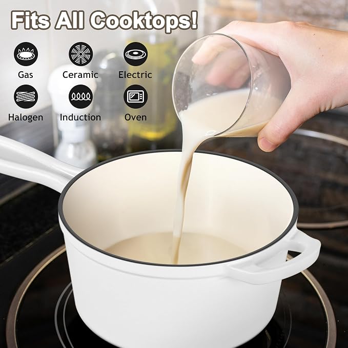 Leonyo 1QT Enameled Cast Iron Saucepan with Lid, Pasta Cookware Pot, White | For All Cooktops Cooking Pasta, Soup, Egg, Up to 500°F & 4.4Lbs