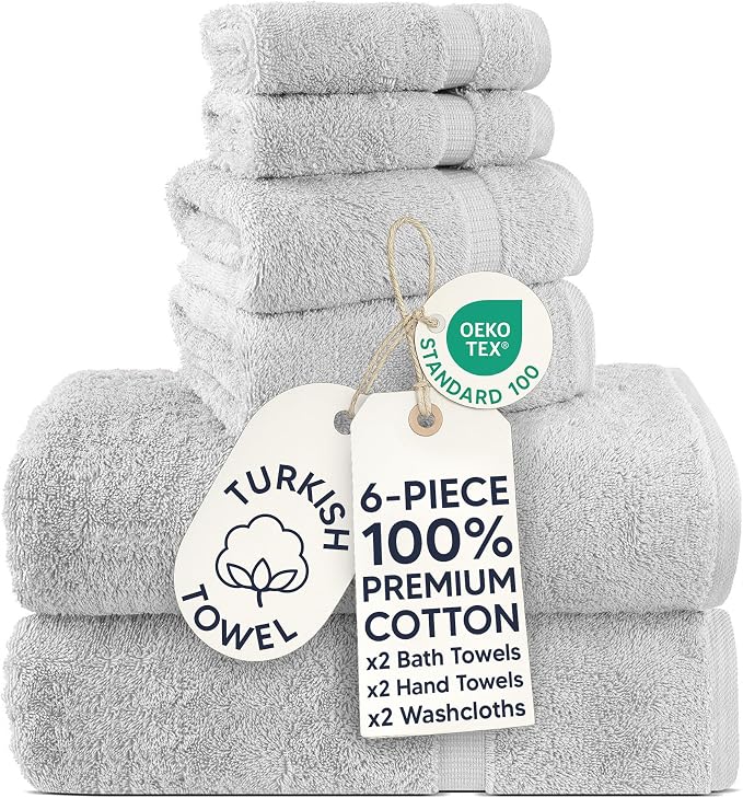 Chakir Turkish Linens 100% Cotton 6-Piece Towel Set, Silver Gray | 100% cotton 6-pc set, OEKO-TEX certified: 2 bath 30x60, 2 hand 16x30, 2 washcloths 13x13