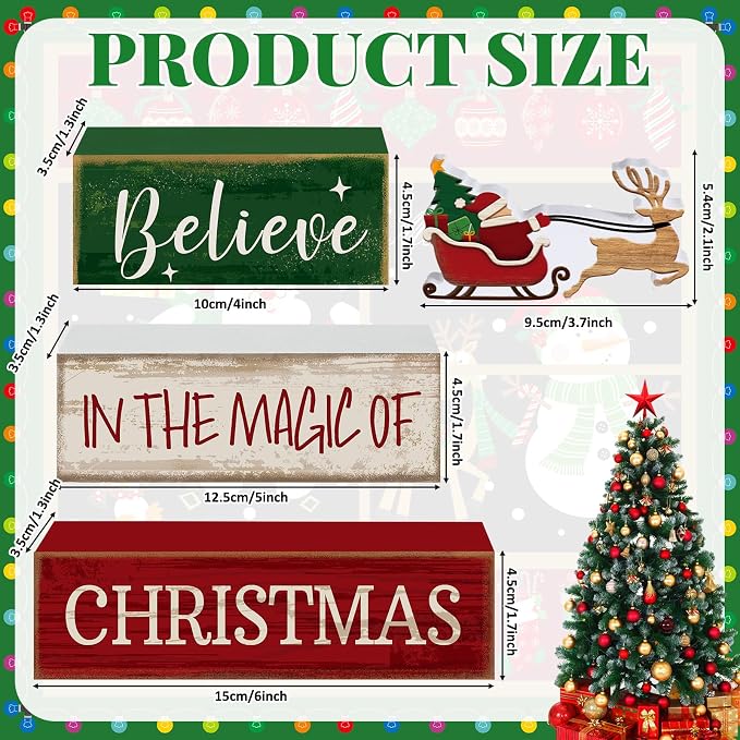 Lineshading 4 Pcs Christmas Table Decorations Wooden Stacked Block Santa | Rustic Farmhouse Block Sign with Believe Message, Tiered Tray Decor for Home Shelf, Xmas Decorations for Mantel Party