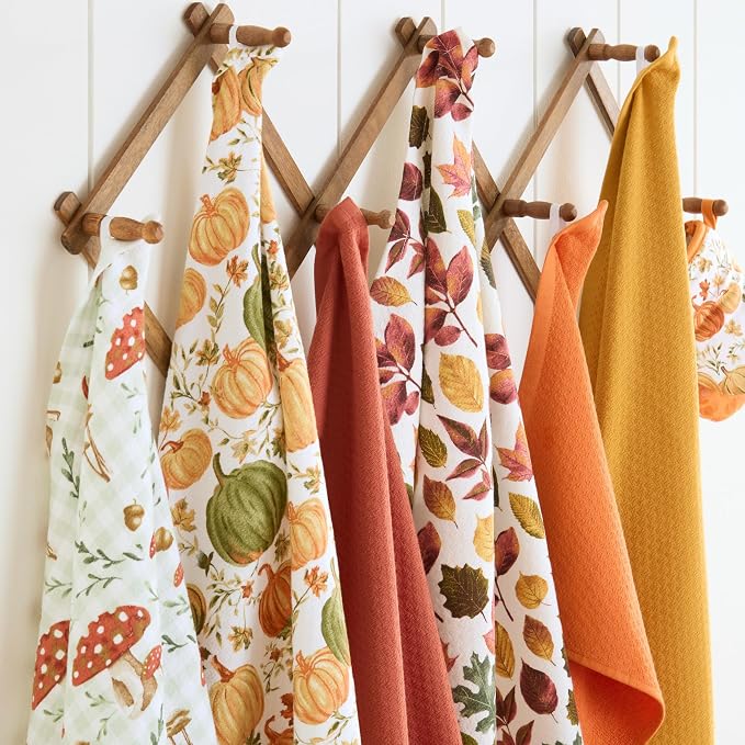 Martha Stewart Autumn Harvest Pumpkins Kitchen Towel 3-Pack Set, 100% Cotton with Absorbent Terrycloth, Decorative Kitchen Towels, Orange/Green/Ivory, 16"x28"