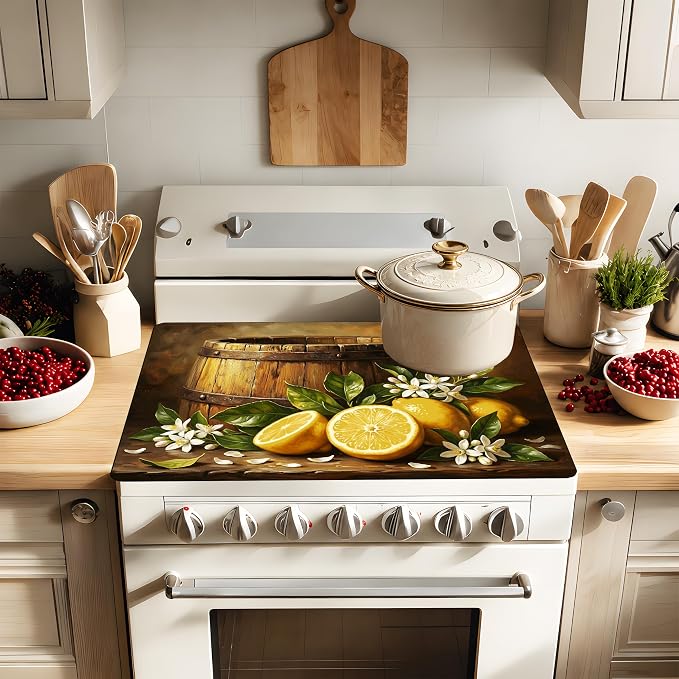 Lemon Floral Stove Top Cover 28.3 x 20.5 Inch, Rustic Farmhouse Glass Cooktop Protector Mat, Vintage Citrus Barrel Electric Range Cover for Kitchen Counter Decor (Lemon Yellow)