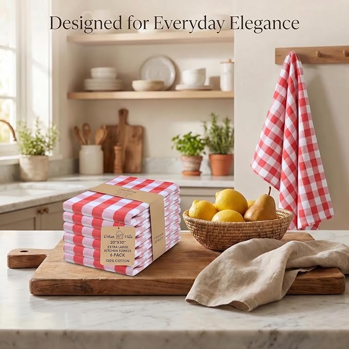 Urban Villa Kitchen Towels Cotton Dish Towels 20”x30” (Set of 6) Red