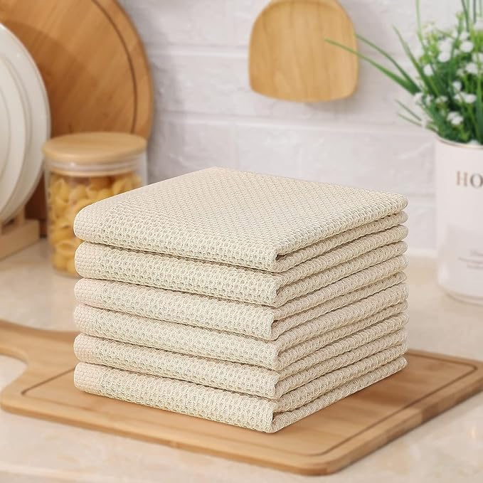 Kitinjoy 100% Cotton Waffle 12-Pack Kitchen Towels, 12" x 12", Beige | Ultra Absorbent, Super Soft, lightweight, Quick Drying Dish Rags for Washing Dishes