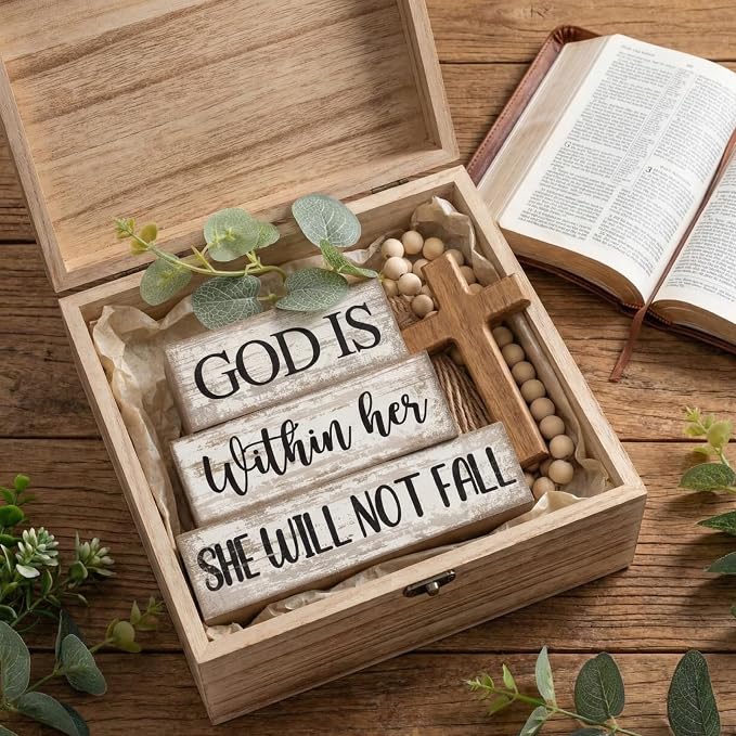 Lineshading 4 Pcs Wooden Blocks Christian Faith Signs for Women Home | Bible Verse Blocks, Rustic Stacked Design, Desk Tiered Tray Decor, Farmhouse Gifts Women, Inspirational Home Accents