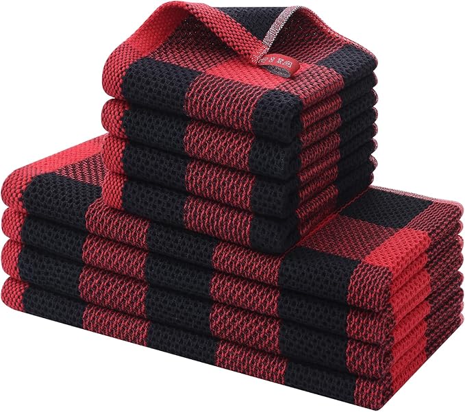 Homaxy Kitchen Towels and Dishcloths Set, Set of 8, Black & Red | Bulk Cotton Waffle Weave Check Plaid Kitchen Towels, Super Soft and Absorbent Dish Cloths, 12 x 12 and 13 x 28 Inches