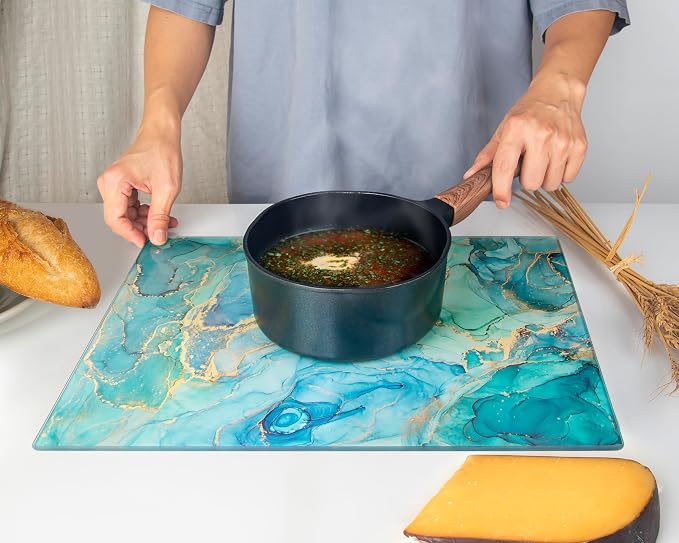 Glass Cutting Board 16"x12": Tempered Glass Kitchen Counter Protector - Durable- Scratch-Resistant, Heat-Proof - Design 9 - Teal Ocean