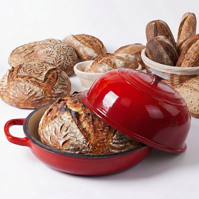 Enameled Cast Iron Bread Pan, Sourdough Artisan Bread Oven – Red – Round 26 cm, 6.25 L (6.6 qt) – Boule Pan with a Deep Lid for Steam Baking