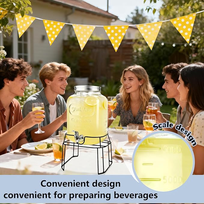 2 Gallon Glass Drink Dispensers For Parties,Beverage Dispenser with Stand,Fruit Infuser,Mason Jar Water Dispenser for Juice/Tea,Lemonade Dispenser for Parties,BPA Free Clear Water Pitcher with Spigot