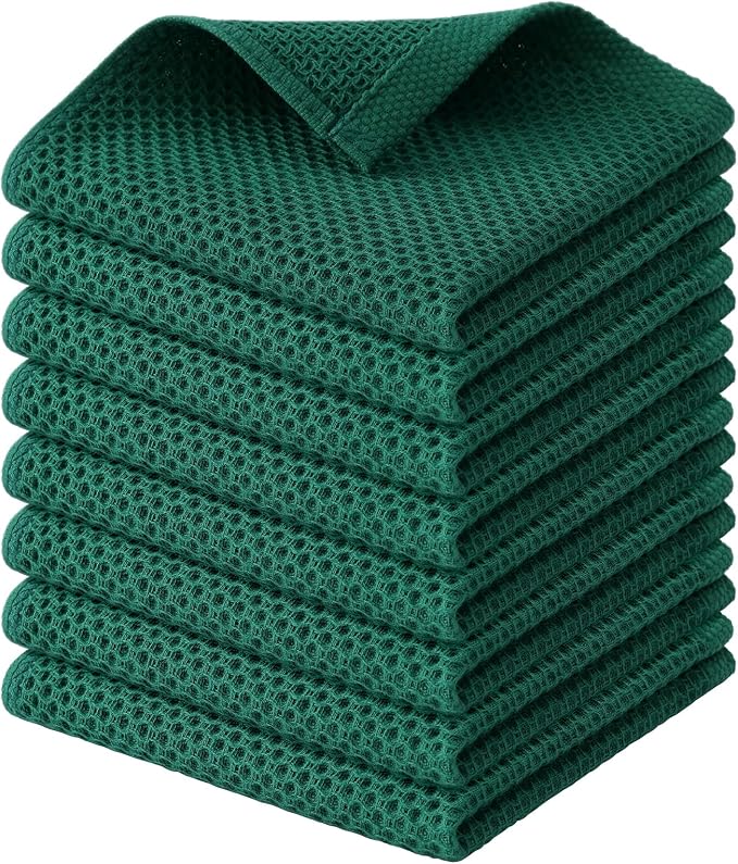 Kitinjoy 100% Cotton Waffle 8-Pack Kitchen Towels, 12" x 12", Dark Green | Ultra Absorbent, Super Soft, lightweight, Quick Drying Dish Rags for Washing Dishes