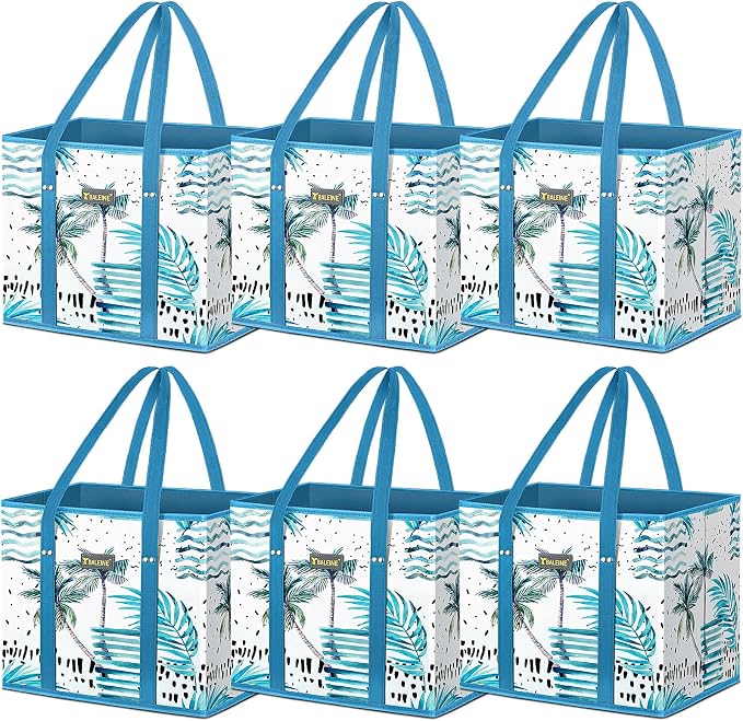 BALEINE 6PK Reusable Grocery Bags, Heavy Duty Shopping Tote Bag | 12'' Long Handles, Reinforced Bottom Keeps Upright, Fold Flat Storage, Water-Resistant Shopping Bag, Multiple Color Options