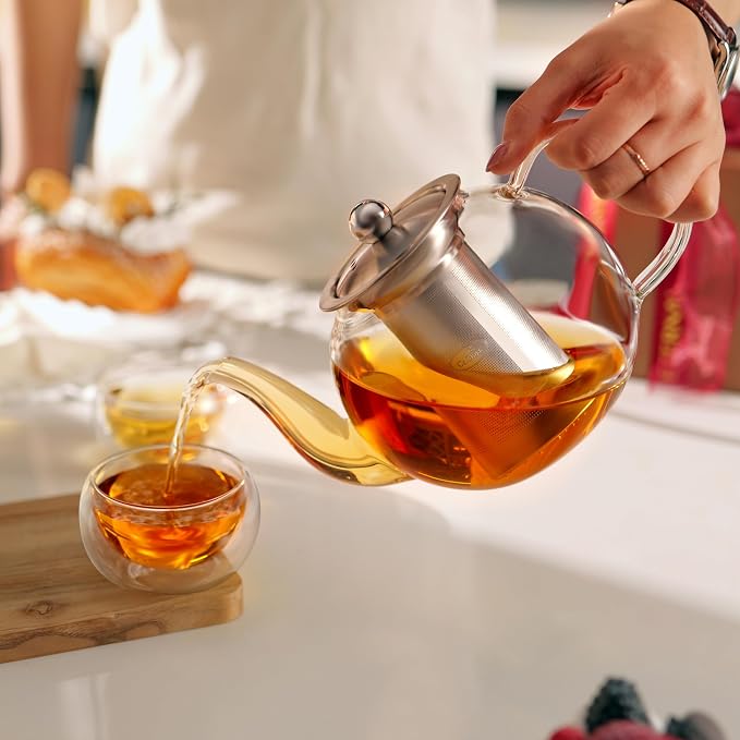CNGLASS 900ml Glass Teapot with Removable Infuser,Clear Tea Kettle Stovetop Safe,Blooming and Loose Leaf Tea Maker