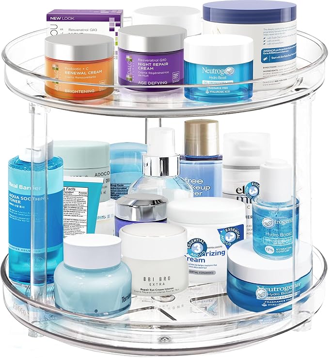 2 Tier Lazy Susan Organizer D:10.6 Inch | Clear Makeup Skincare Organizer for Vanity, Bathroom Countertop Organizer, Spice Rack Organizer