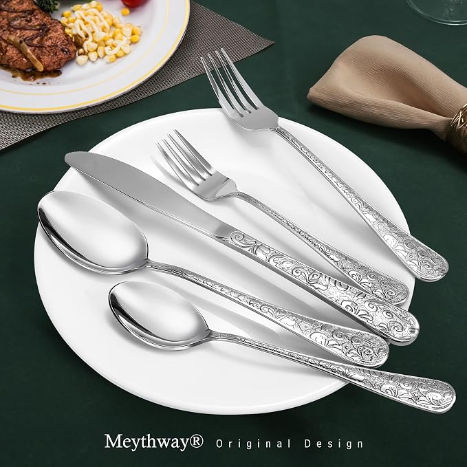 Meythway 60-Piece Vintage Carved Silverware Set for 12, Stainless Steel Flatware Set with Knife/Fork/Spoon, Cutlery Set for Home and Kitchen, Utensil Set with Dishwasher Safe