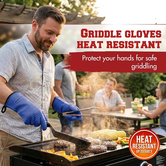 KITCHEN PERFECTION XL Silicone Griddle Gloves - Heat Resistant Oven Mitts | Waterproof, 5-Finger Design For A Better Grip, Best Griddle Grilling Accessories, Compatible with Blackstone, Weber & More
