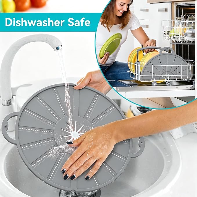 Foldable Silicone Splatter Screen for 10-12 Inch with Handle，Gray | Foldable Splash Guard, Multi-Use Grease Splatter Guard, Non-Stick Oil Splatter Guard, Dishwasher Safe, BPA Free