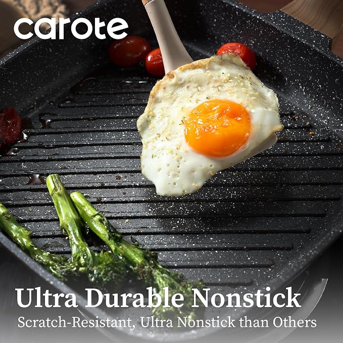CAROTE 11 Inch Nonstick Grill Pan for Steak, Premium Granite Coating | Square Grill Skillet, Indoor Outdoor RV Camping Use, Gas & Induction Safe, All Stovetops Compatible, PFOA Free, Black