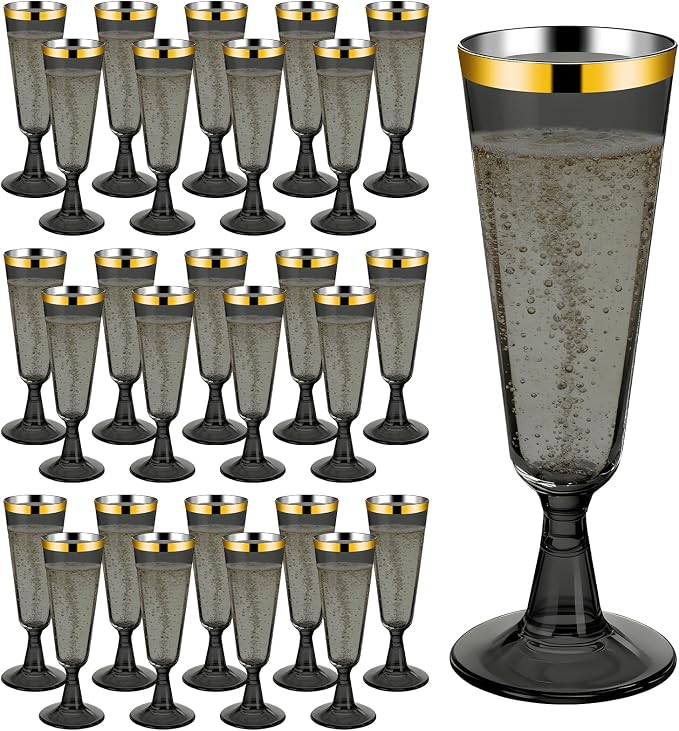 200 Pack Plastic Champagne Flutes Black, Disposable Plastic Champagne Glasses with Gold Rim, Wine Glasses Cups for Wedding Celebration Birthday Party Wine Tasting New Years Eve Party Supplies