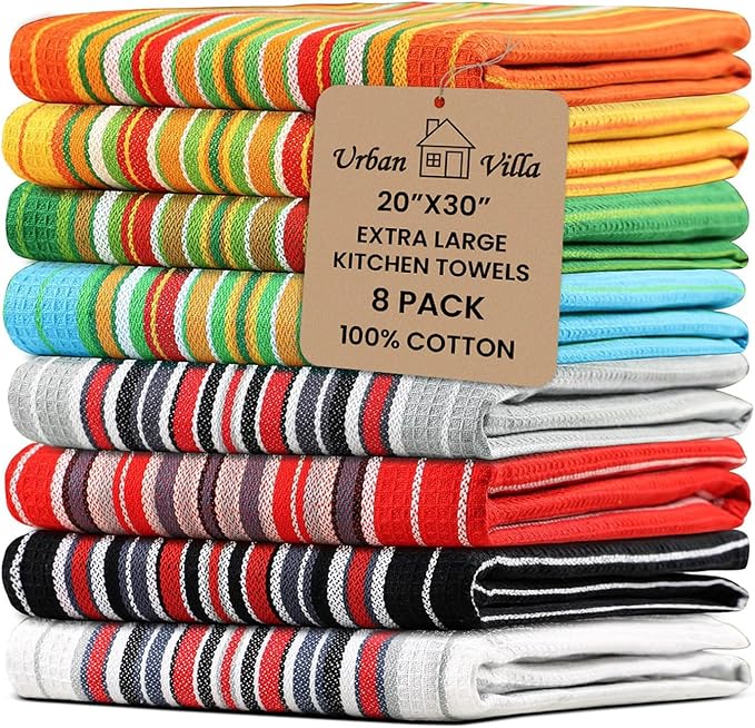 Urban Villa Kitchen Towels 100% Cotton Dish Towels for Kitchen(Set of 8)20”x30” Dish Cloths Highly Absorbent Kitchen Linen Set with Hanging Loop Perfect for Drying Dishes Cleaning Towels -Multicolor
