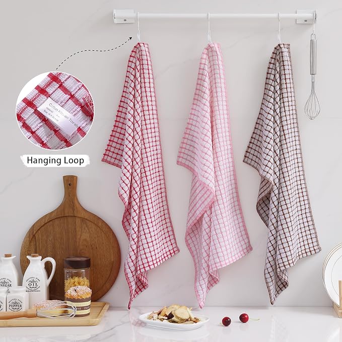 Mordimy Cotton 8 Pack Terry Kitchen Towels, 16 x 25 Inches | Super Soft and Absorbent Dish Towels, Quick Drying Hand Towels for Kitchen Drying, Blue/Pink/Red/Brown