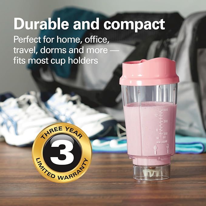 Hamilton Beach Portable Blender for Smoothies With 14 oz. Travel Jar | BPA Free Jar & Lid | Durable Stainless Steel Blades | 300 Watts Peak Power | Personal Smoothie Blender | Coral | 51171G