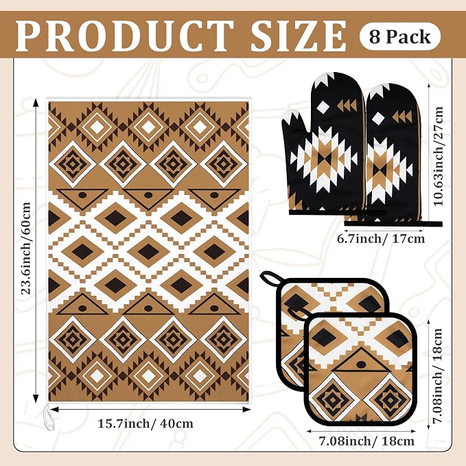 8 Pcs Western Aztec Kitchen Decor Accessories Set Farmhouse Towels Pot Holders Oven Mitts Set 4 Dish Towels 2 Potholders 2 Cooking Mittens Oven Glove for Baking Cooking Mother's Day(Brown,Kitchen)