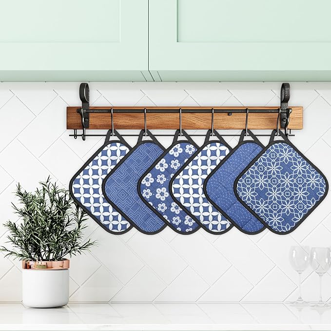 6 Pack Pot Holders 100% Cotton Heat Resistant Potholder, Machine Washable Pot Holder, Hot Pads, Table Pads for Cooking Baking (F)