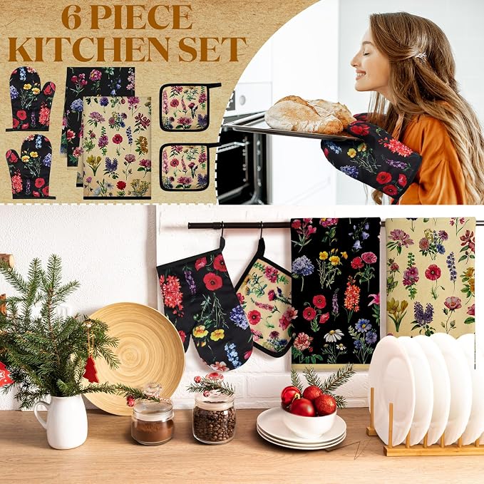 Bencailor 6 Pcs Vintage Wildflower Kitchen Towels Oven Mitts and Pot Holders Set Decorative Dish Towels Tea Washcloth Non Slip Heat Resistant Oven Gloves for Summer Home Cooking Baking, Cute Color