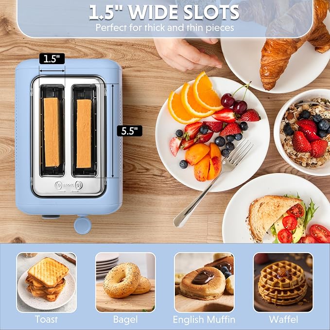 BUYDEEM DT620 2-Slice Toaster, 7 Shade Settings, Extra Wide 1.5'' Slots for Bagel & English Muffin, 6 Toasting Functions, Retro Stainless Steel Toaster with High Lift Lever, Blue