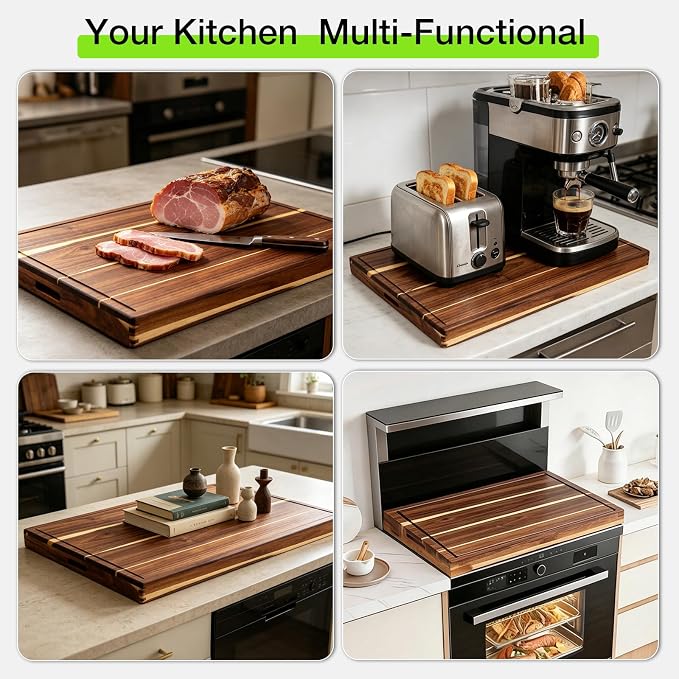 FAHKNS Natural Acacia Wood Noodle Board Stove Cover, 30 X 22 X 2.4" | Multifunctional Stove Cover for Electric Gas Stove Top, with Handles & Juice Groove, Use as Serving Tray, Cutting Board