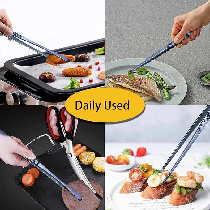 JETKONG 2 Pcs 12-Inch Cooking Tweezer Tongs Stainless Steel Kitchen Tweezers Plating Tongs (Navy Blue)