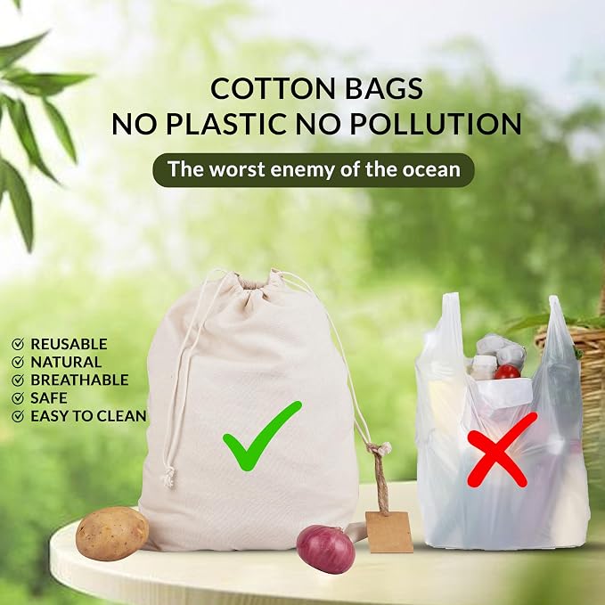 Marubhumi Cotton Storage Bags with Drawstrings Large 10x12 Inch - 12 Pcs Reusable Muslin Bulk Flour Sack Bag,Cotton Fabric Bread Bags Bulk Food Produce Natural Storage Bag