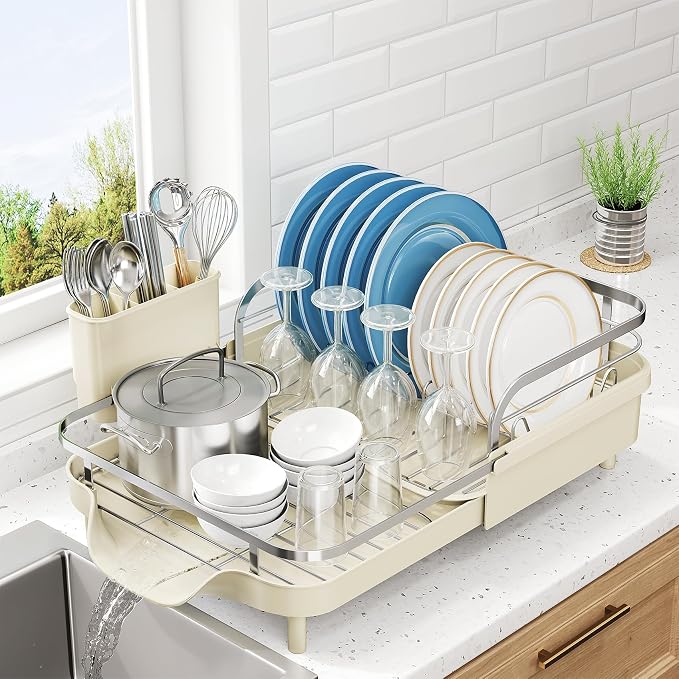 SNTD Expandable Dish Drying Rack for Kitchen Counter, 15.2-22.1 in, Beige | Rust-Resistant Stainless Steel, Protective Side Rails, Self-Draining Drainboard, Removable Utensil Holder