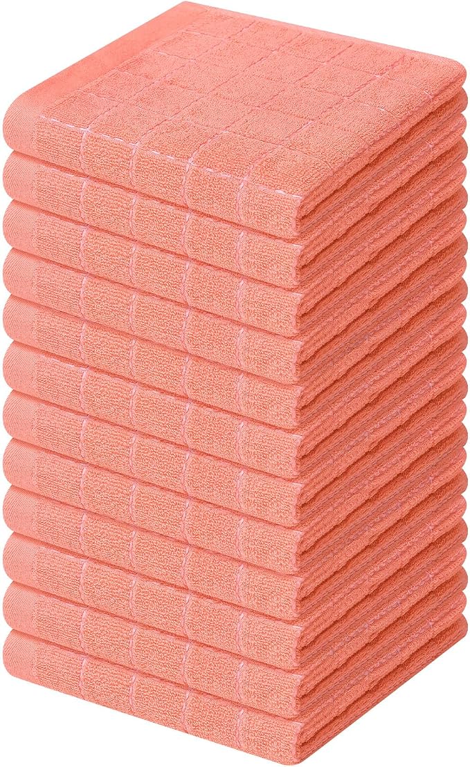 Homaxy 100% Cotton Terry Kitchen Dish Cloths, 12 Pack, Coral | Ultra Soft and Absorbent, Suitable for Drying and Washing Dishes
