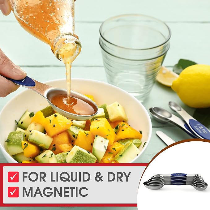 Spring Chef 8 Magnetic Measuring Spoons Set for Baking & Cooking, Sapphire | Stainless Steel Teaspoon & Tablespoon Measuring Spoons with Leveler for Dry & Liquid Ingredients, Dual Sided, Dishwasher Safe