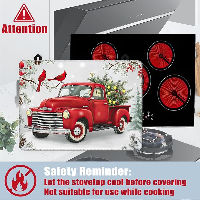 Electric Stove Top Cover,Christmas Truck Stove Cover for Glass Top Electric Stove,Winter Cardinal Bird Heat Resistant Flat Top Stove Mat Countertop Protector, 28 x 20 Inch